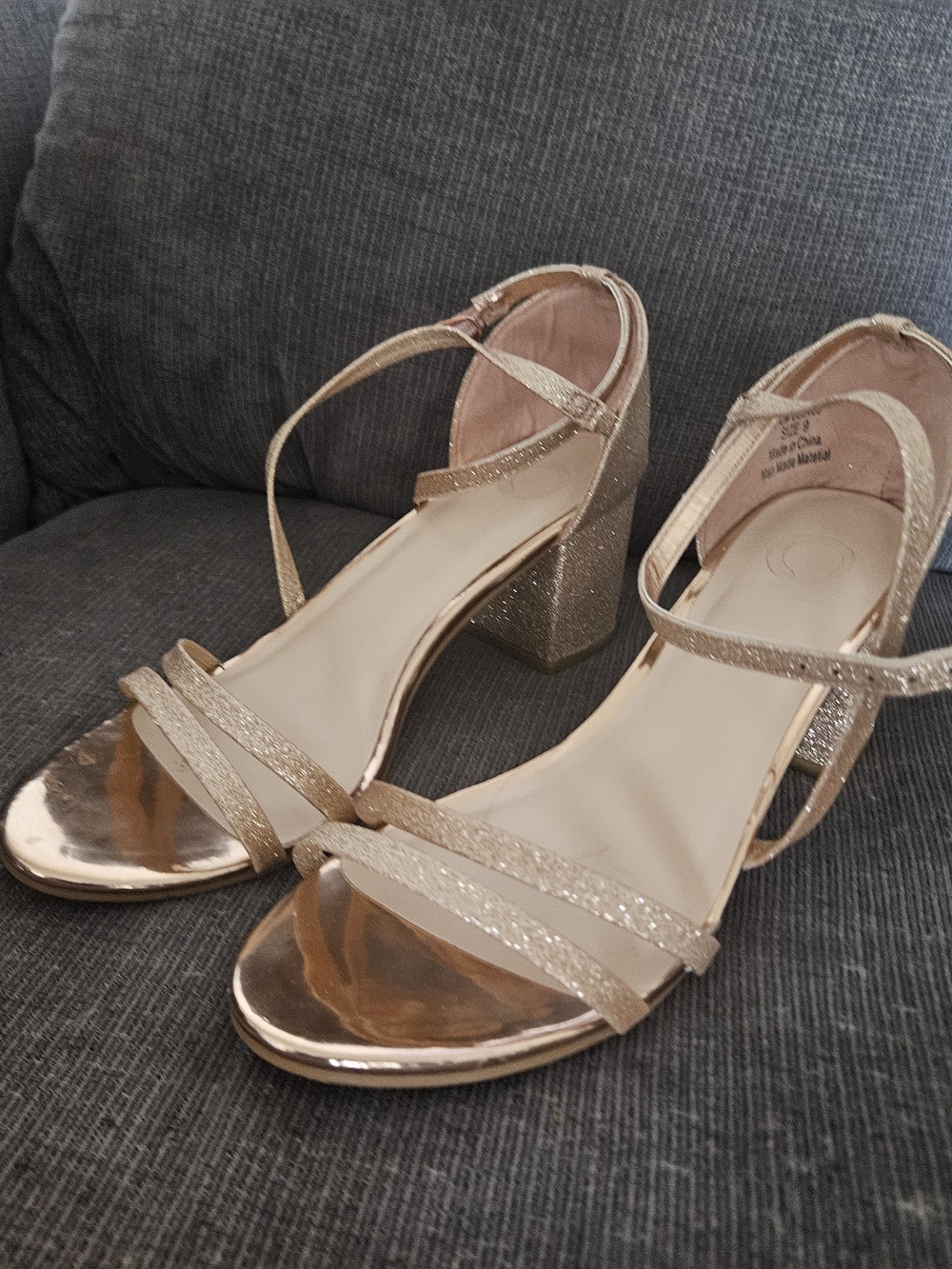 Journee Collection Bella Strappy Block Heels in Rose Gold Glitter